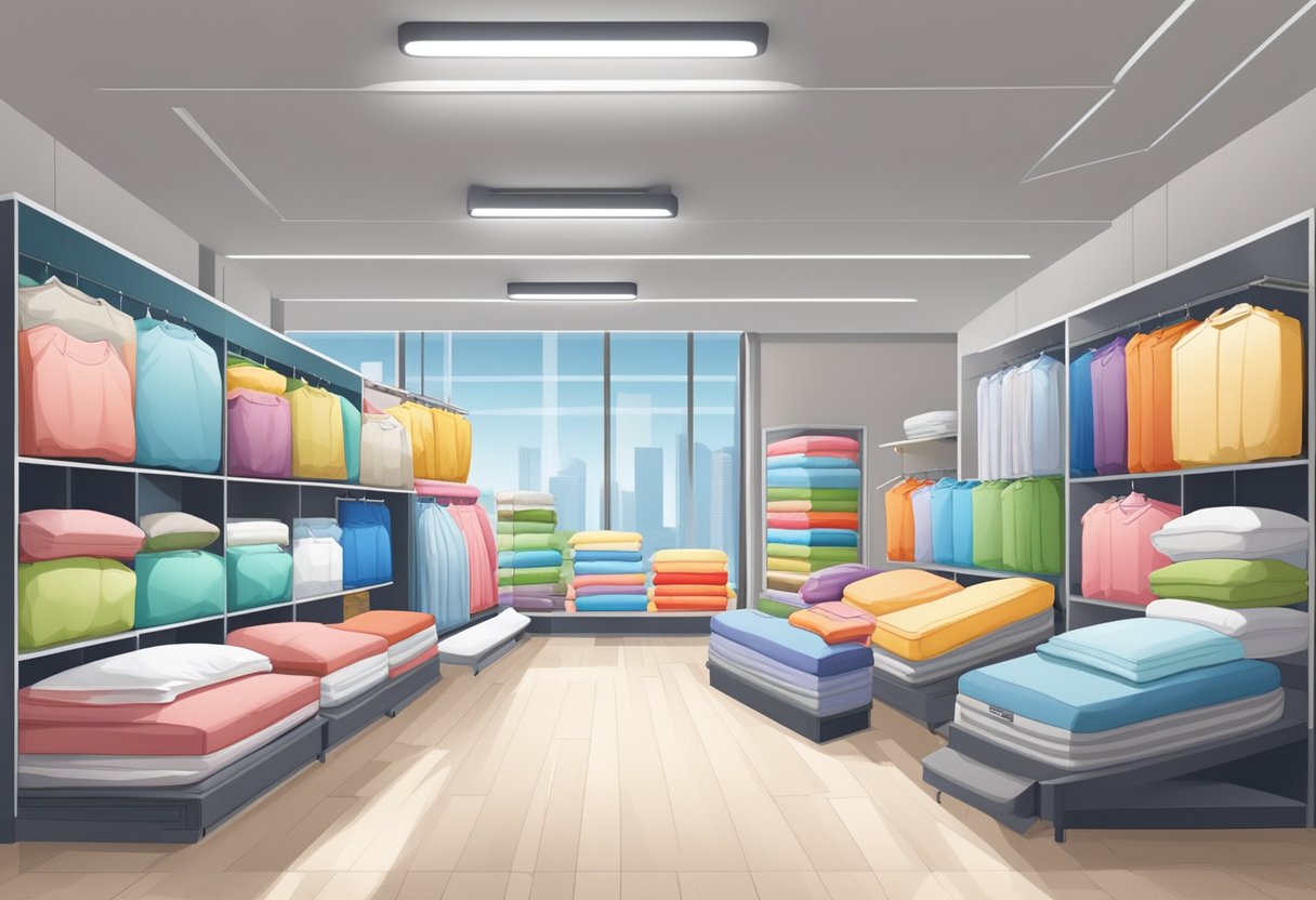A showroom filled with various mattresses in Singapore, with colorful price tags and promotional banners