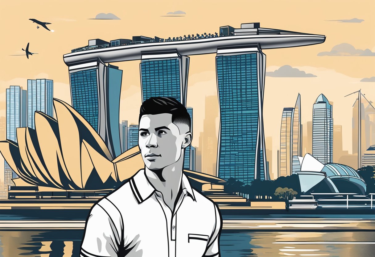 Ronaldo stands in front of the iconic Singapore skyline, with the Marina Bay Sands and the Singapore Flyer in the background