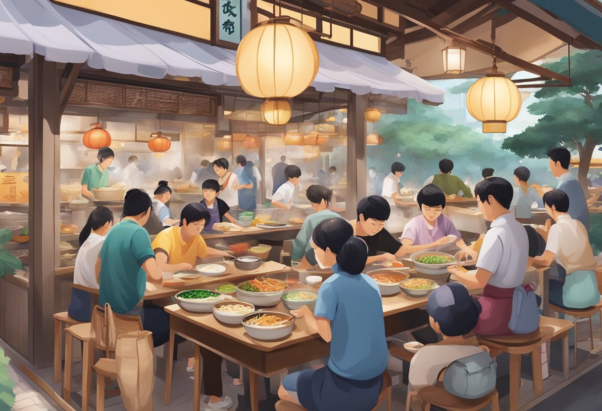 A bustling udon restaurant in Singapore, with steaming bowls, colorful toppings, and diners enjoying their meals