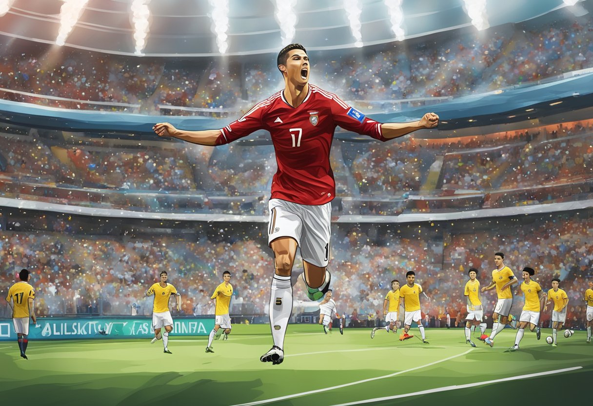 Cristiano Ronaldo's impact in Singapore: A crowded stadium, filled with cheering fans, as Ronaldo scores a winning goal