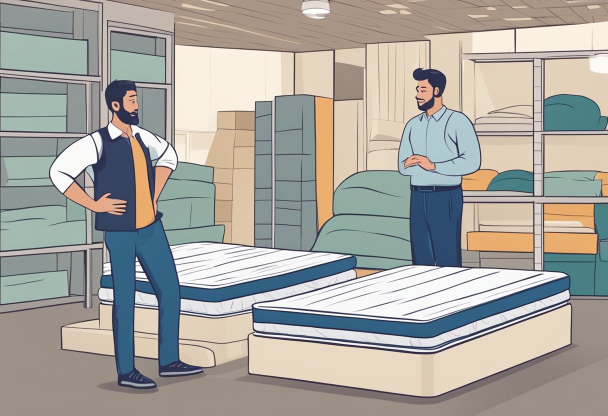A customer tries out various mattresses, comparing comfort and support, while a salesperson offers guidance. Signs advertise discounts and promotions