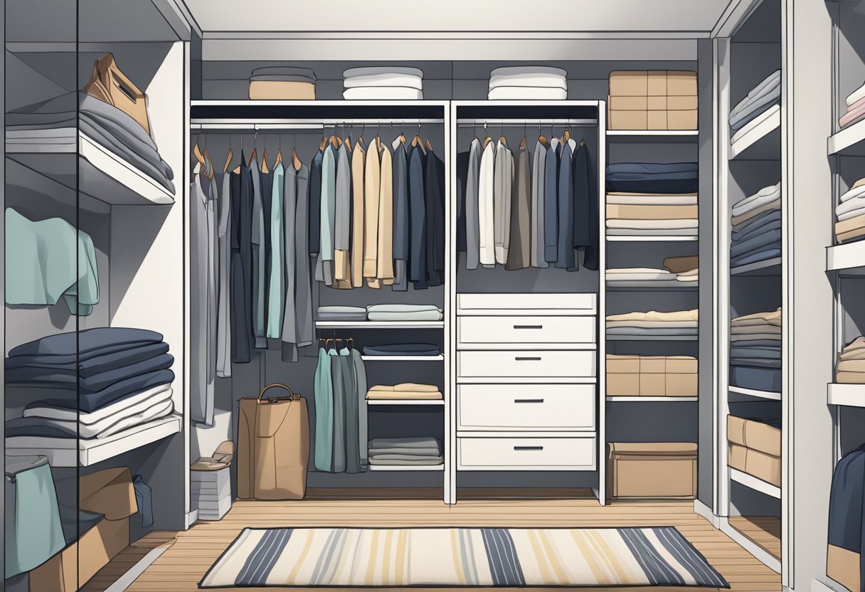 A neatly organized closet with shelves of folded clothes and hanging garments in a modern and stylish Singaporean apartment