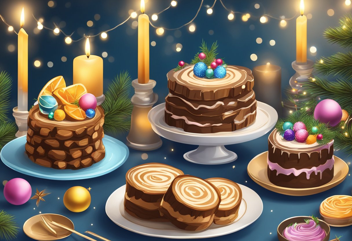 A festive table adorned with a variety of beautifully decorated log cakes, surrounded by twinkling fairy lights and festive decorations