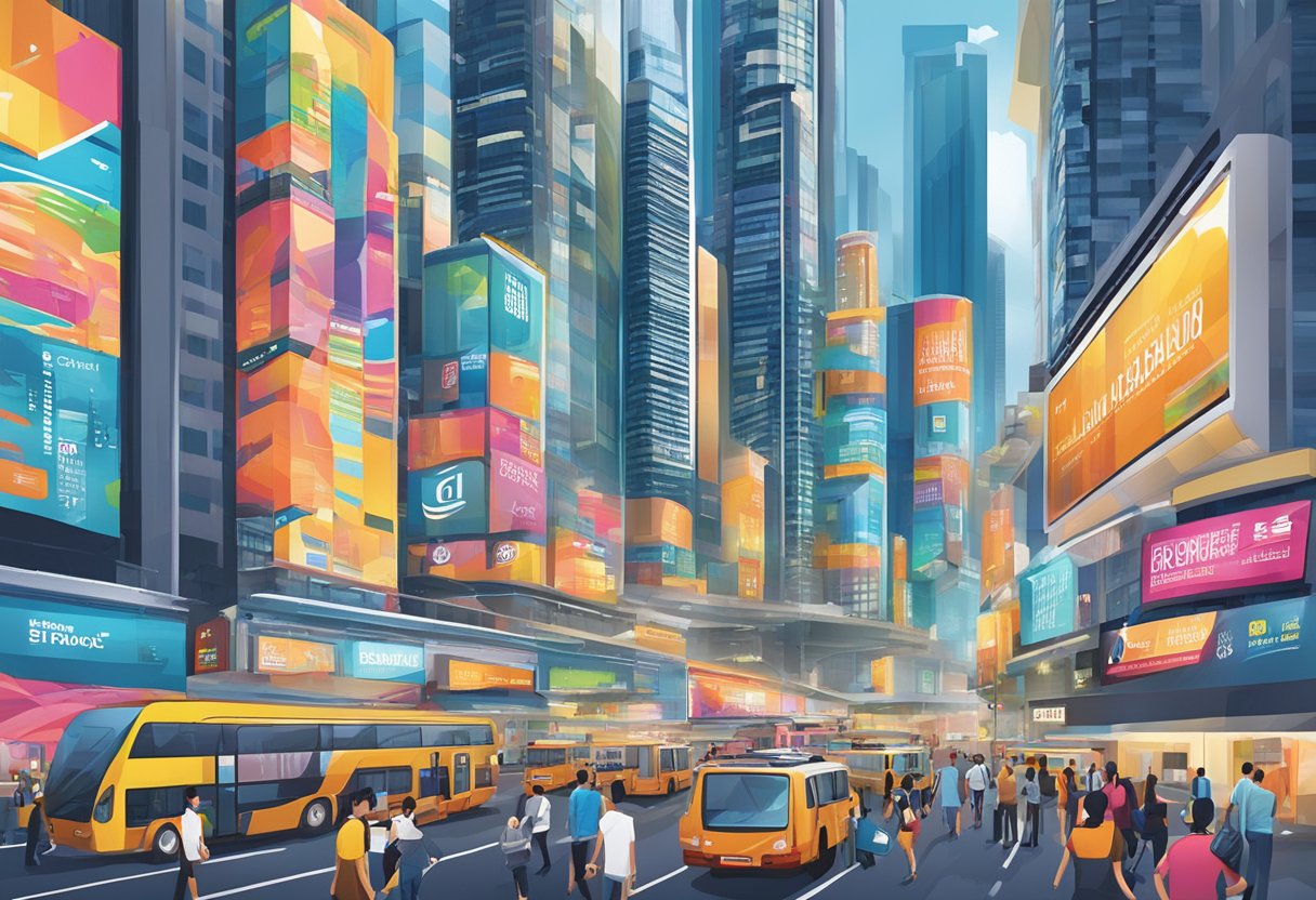 A bustling cityscape with skyscrapers and media billboards, featuring the iconic "Ronaldo Singapore" branding in bold, vibrant colors