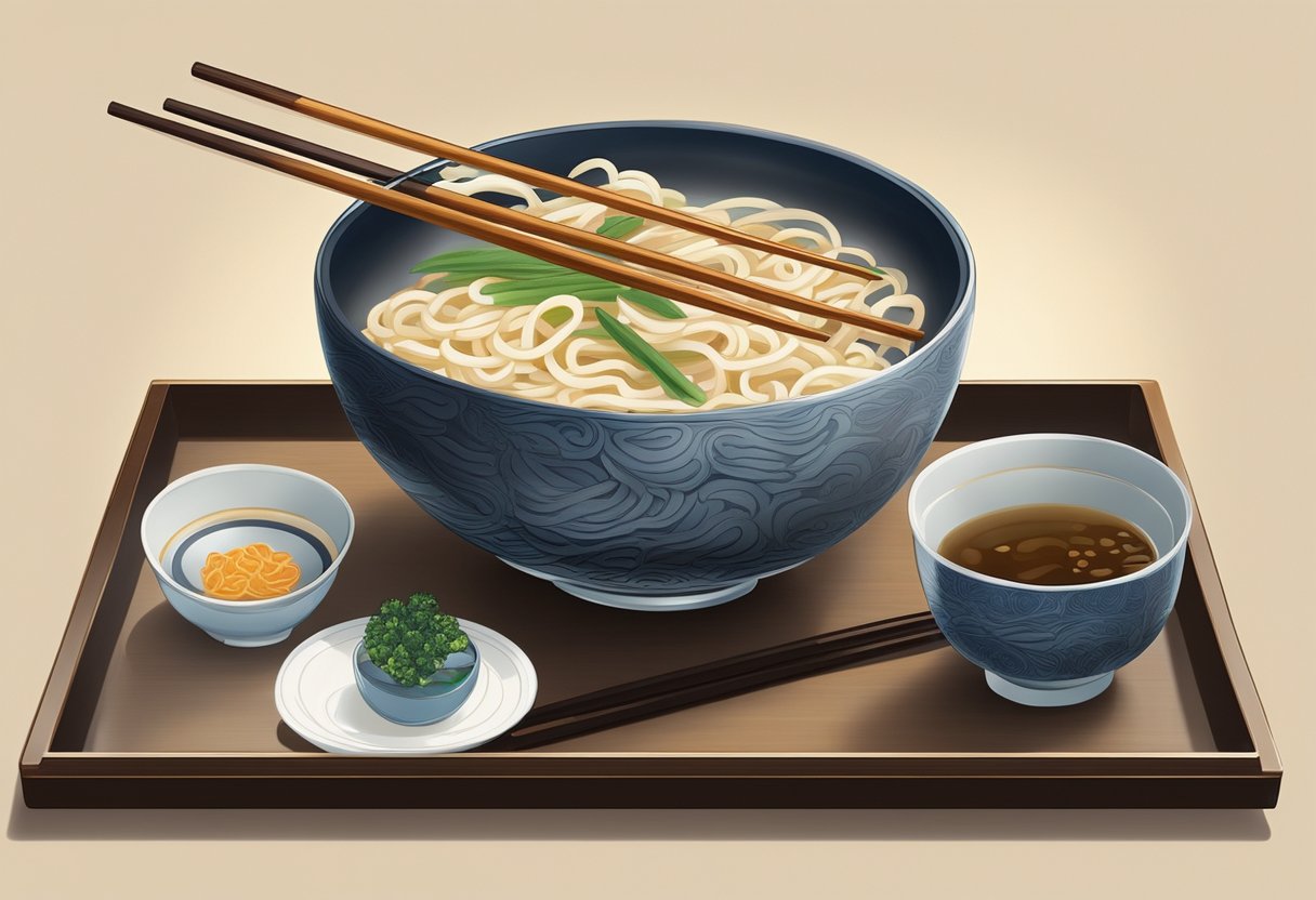 A steaming bowl of udon noodles is elegantly presented on a lacquered tray, accompanied by delicate chopsticks and a small dish of soy sauce. The ambiance is serene, with soft lighting and traditional Japanese decor