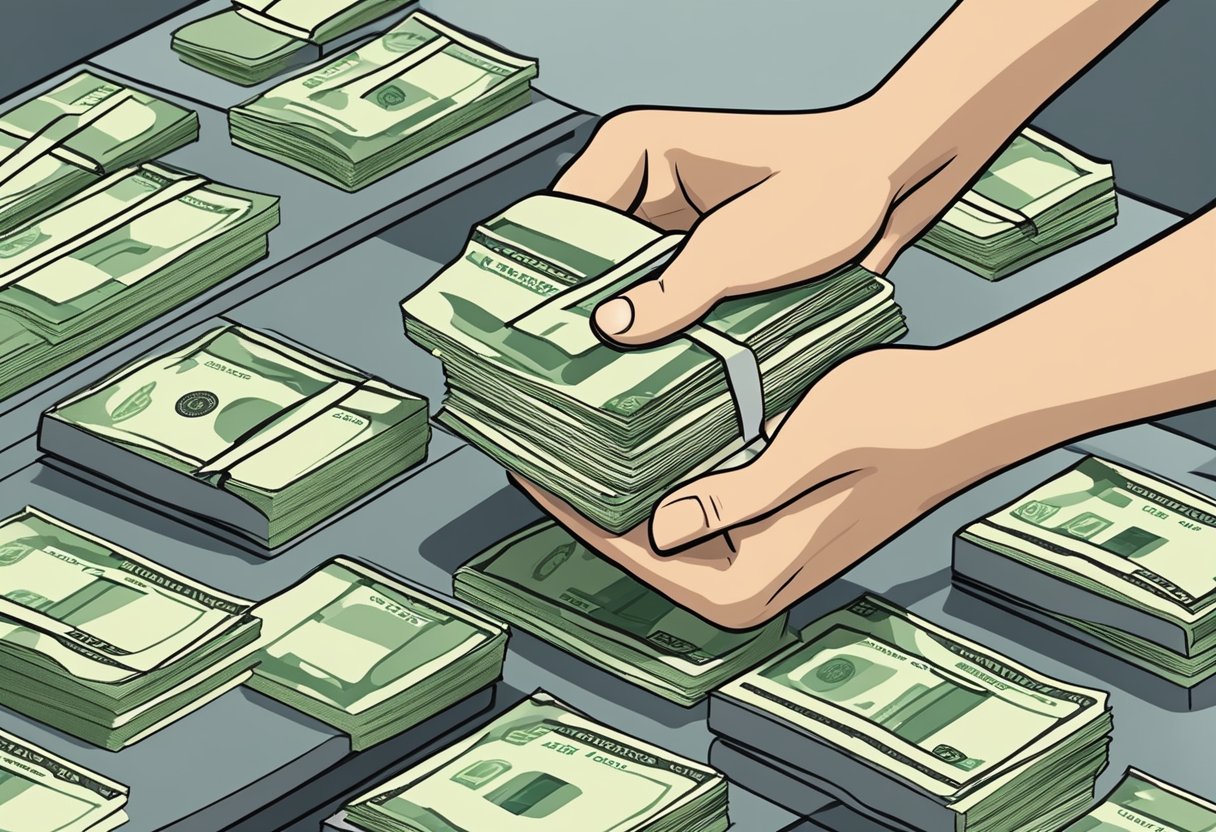 A hand holding a stack of US dollars being exchanged for Singapore dollars at a currency exchange counter