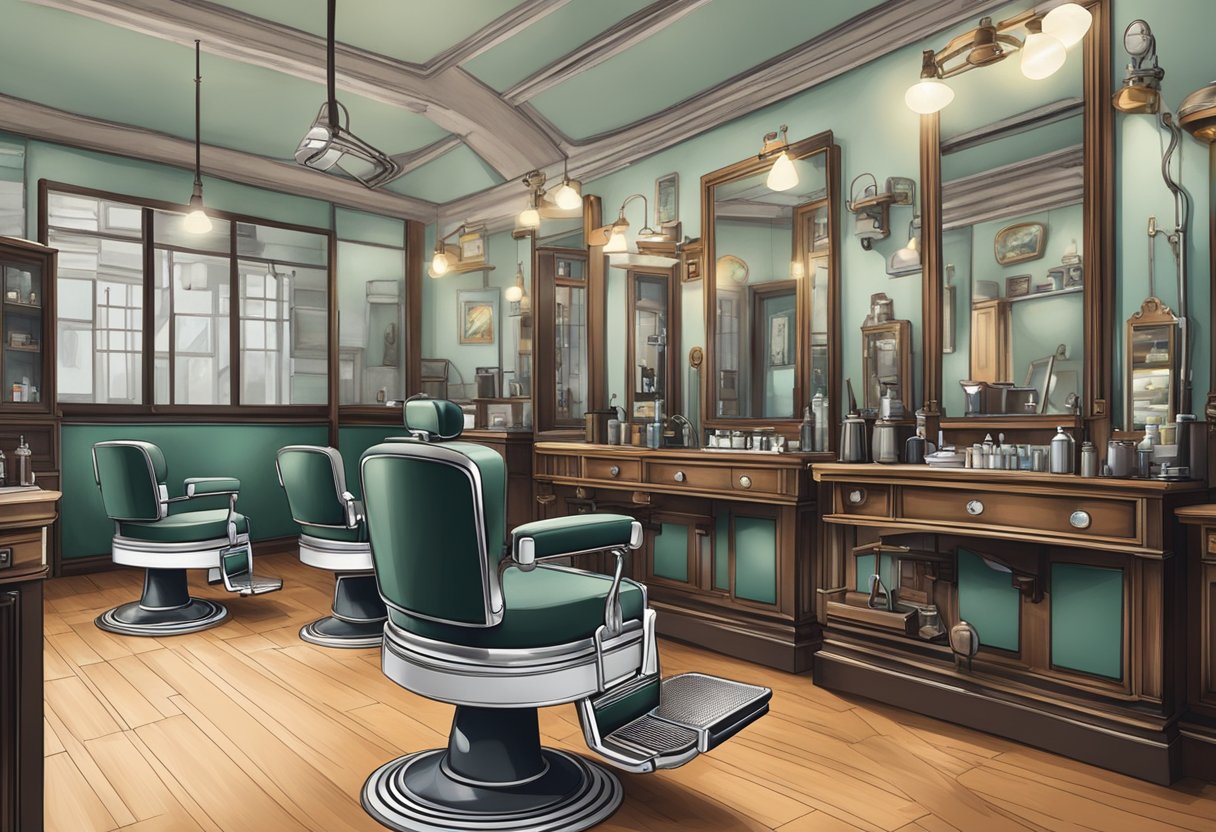 A traditional barber shop in Singapore with vintage chairs, mirrors, and classic barbering tools on display