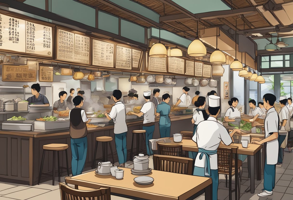 A bustling udon restaurant in Singapore with customers lining up, chefs cooking in the open kitchen, and a menu board displaying "Frequently Asked Questions."