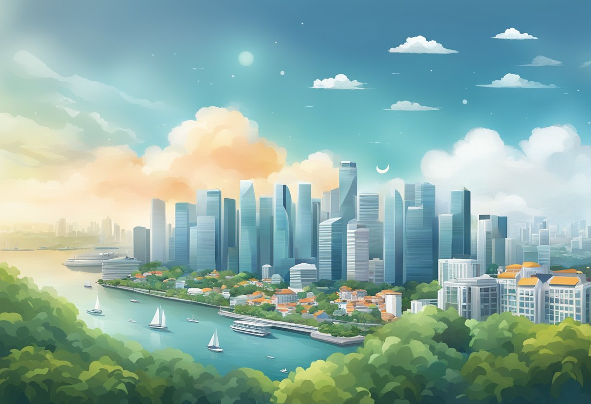 The AccuWeather Singapore scene depicts a sunny day with scattered clouds and a light breeze, with the iconic city skyline in the background