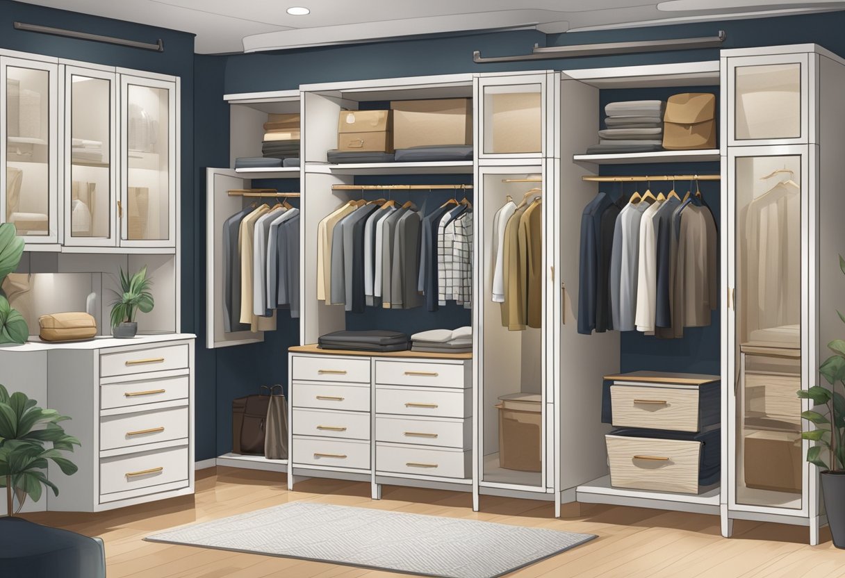 A variety of wardrobe types and styles are displayed in a spacious showroom, showcasing modern and traditional designs