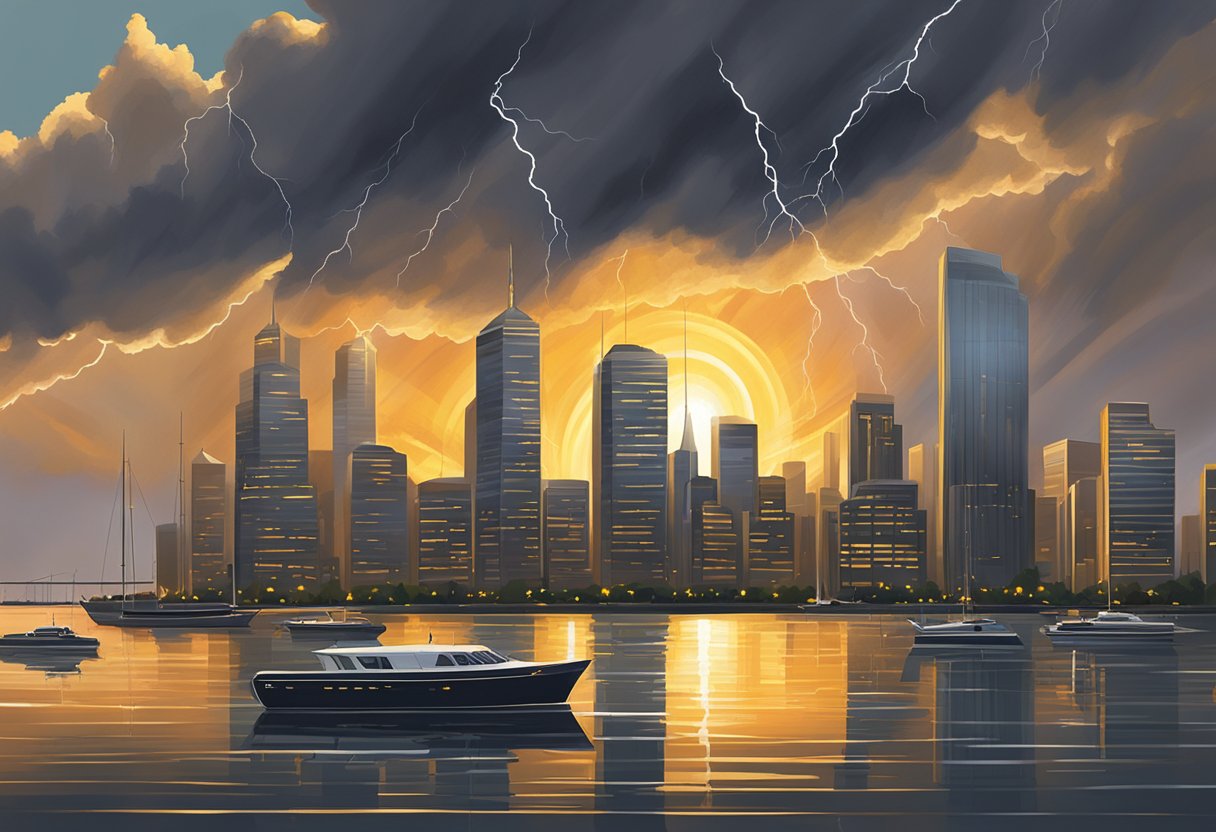 The sun shines brightly over the city skyline as dark clouds gather in the distance, signaling an approaching thunderstorm. Lightning flashes across the sky, illuminating the towering skyscrapers and reflecting off the calm waters of the harbor