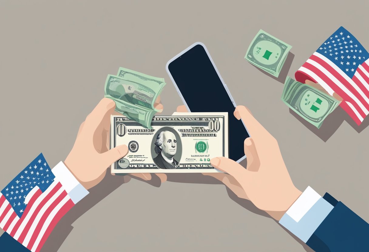 A hand holding a stack of US dollar bills transferring to a mobile phone with the Singapore flag on the screen