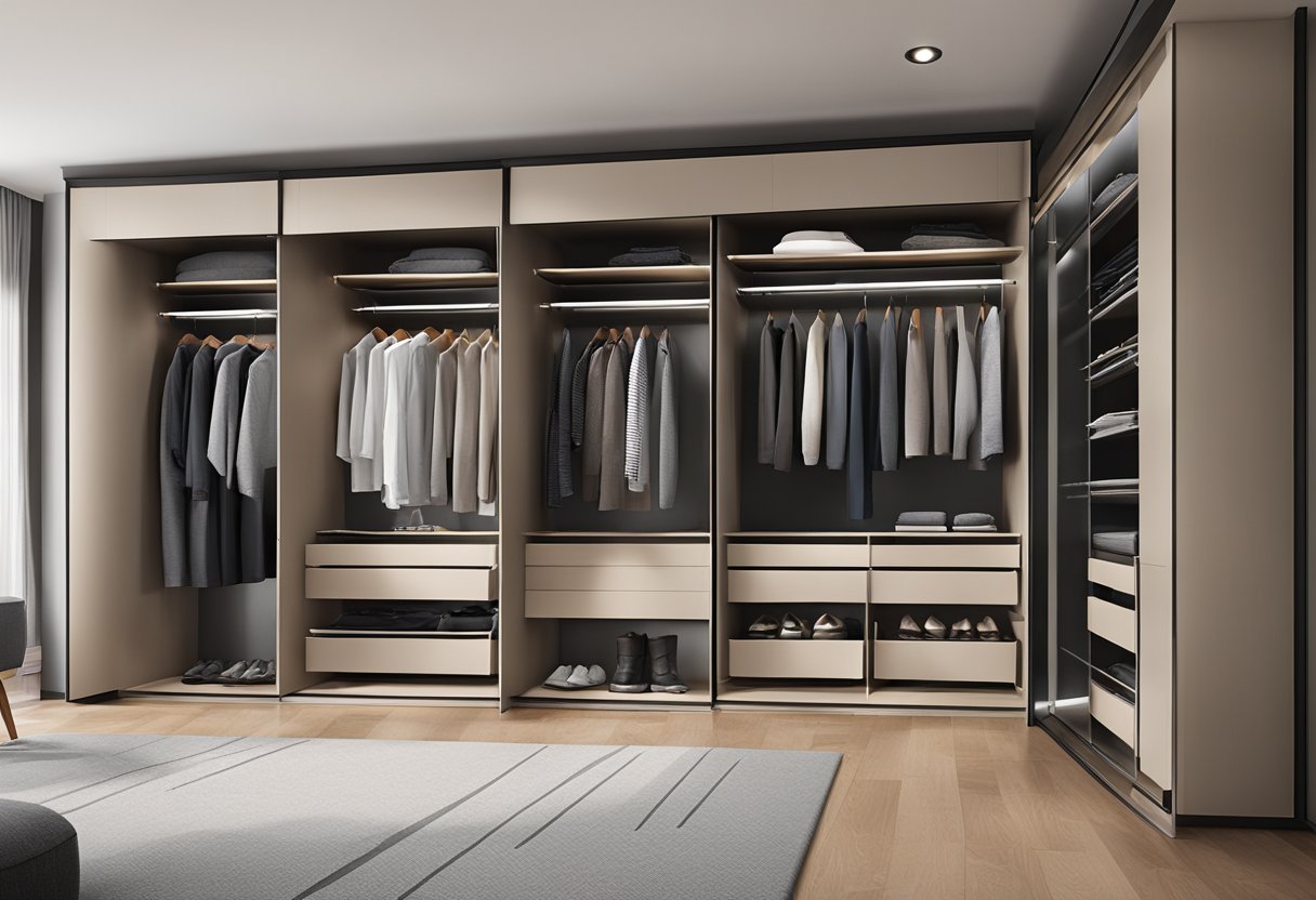 A sleek, modern wardrobe in a Singaporean home, showcasing its functionality with organized compartments and sliding doors