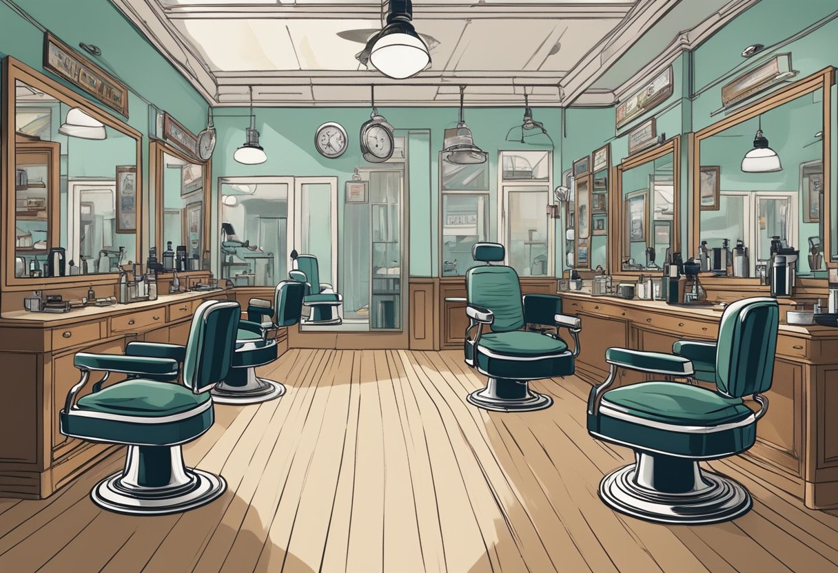 A bustling Singapore barber shop with vintage chairs, polished mirrors, and a display of grooming products. The sound of clippers and chatter fills the air