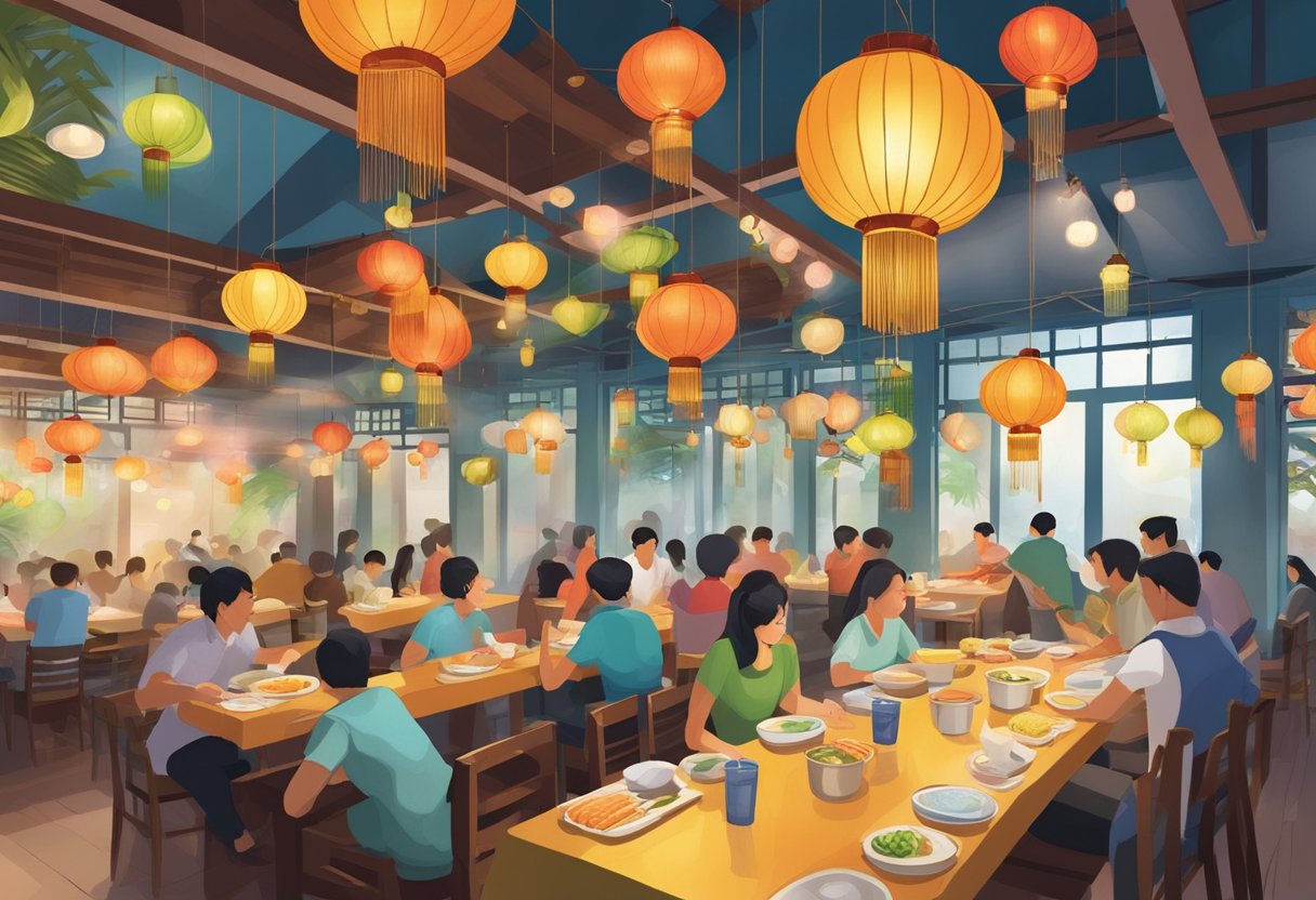 A bustling Vietnamese restaurant in Singapore, with colorful lanterns hanging from the ceiling and steaming bowls of pho being served at the tables