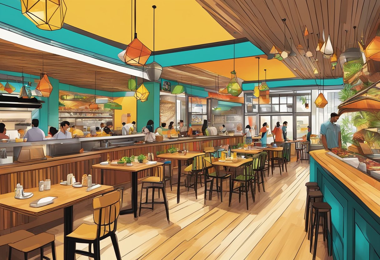 A bustling Nando's Singapore restaurant with colorful decor, sizzling grills, and a lively atmosphere