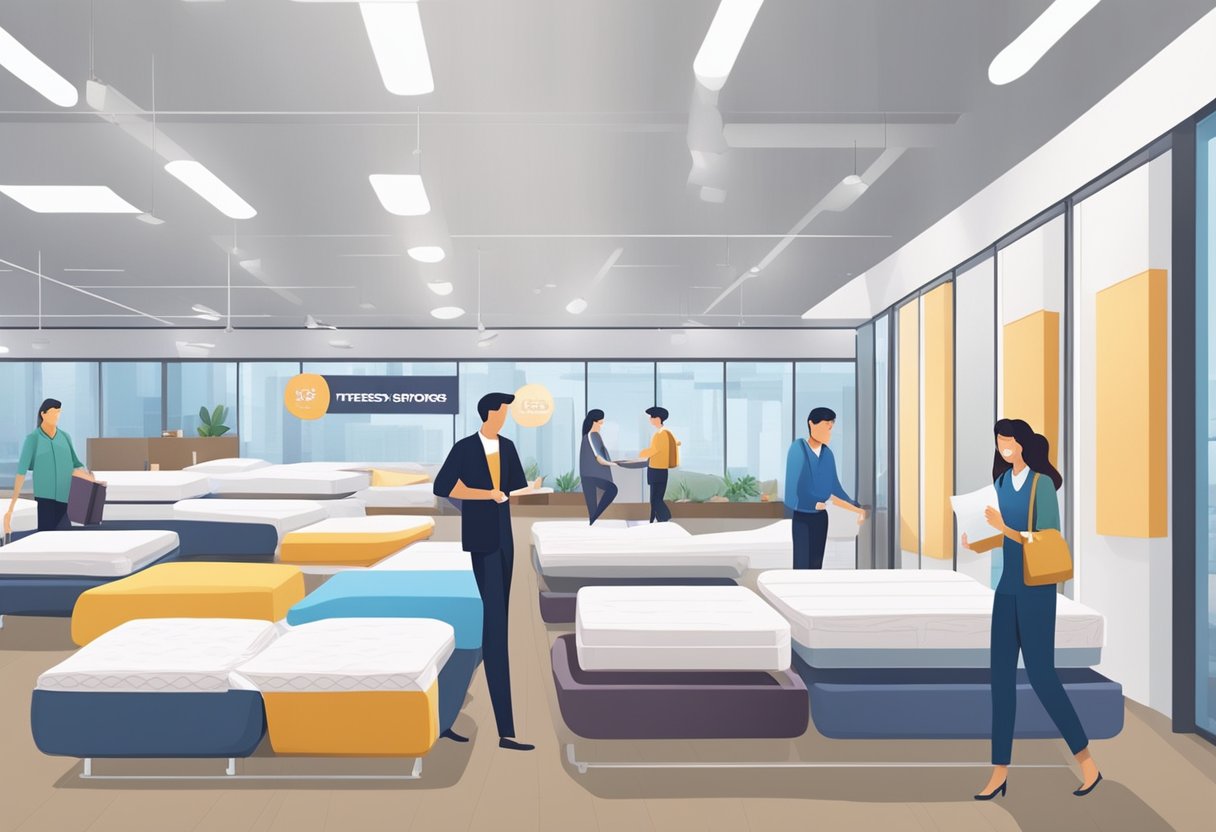 Customers browsing various mattresses in a showroom, with sales staff providing information and assistance. Signs and banners advertising discounts and benefits of mattress shopping in Singapore