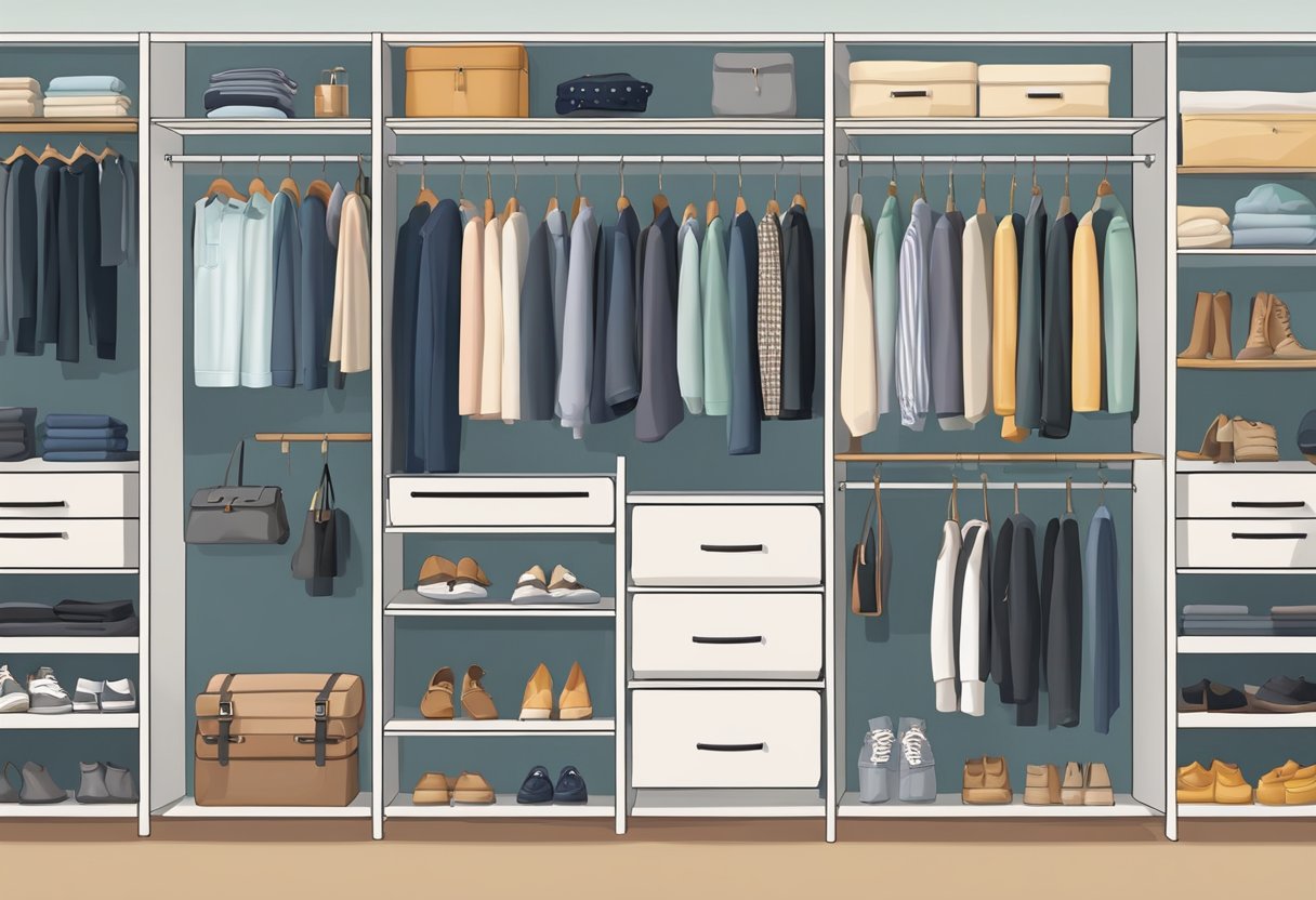 A neatly organized wardrobe with various compartments and shelves showcasing different categories of clothing and accessories