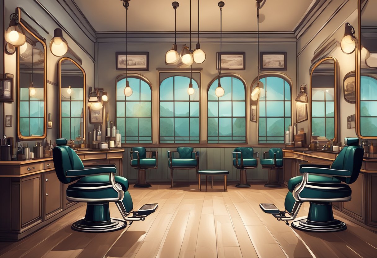 A modern barber shop with vintage decor, leather chairs, and a large mirror. Bright lighting and a welcoming atmosphere