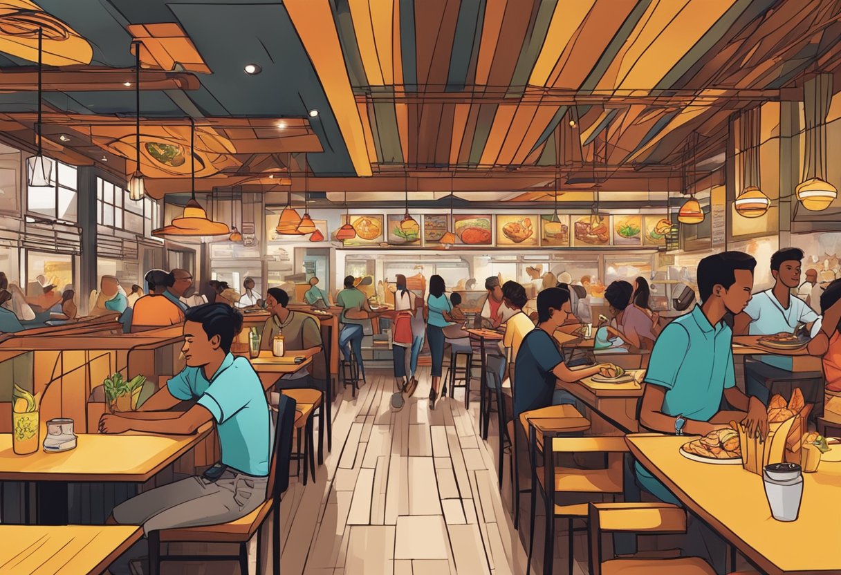 A bustling Nando's outlet in Singapore, with vibrant decor, sizzling grills, and diners enjoying their peri-peri chicken