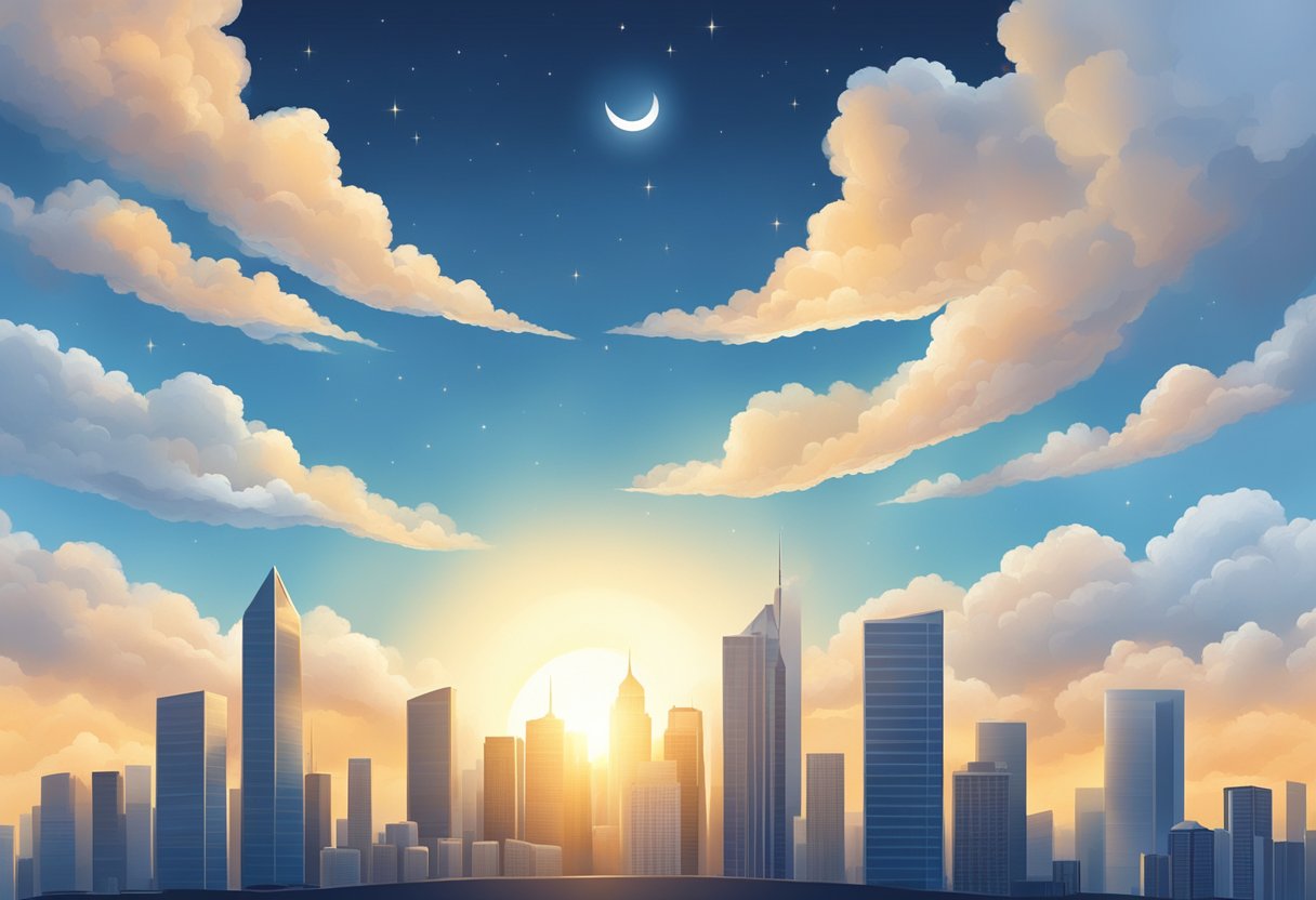 The sun shines brightly over the city skyline as fluffy white clouds float across the clear blue sky. The forecast predicts a calm and clear night with a crescent moon and twinkling stars