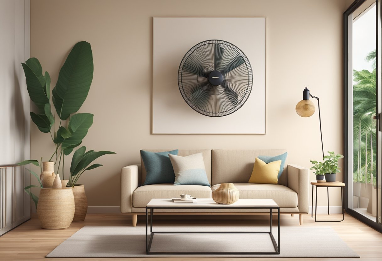 A wall fan mounted on a cream-colored wall in a cozy Singaporean living room, gently rotating and providing relief from the tropical heat