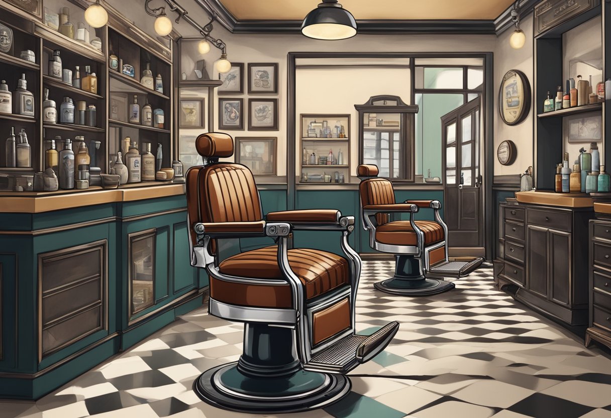 A barber shop in Singapore with a vintage feel, featuring classic barber chairs, a traditional barber pole, and shelves lined with grooming products