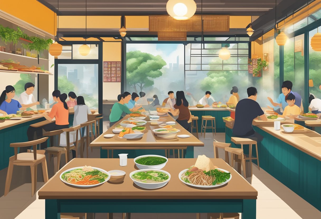A bustling Vietnamese restaurant in Singapore, with steaming bowls of pho, fragrant herbs, and sizzling banh mi sandwiches on colorful tables