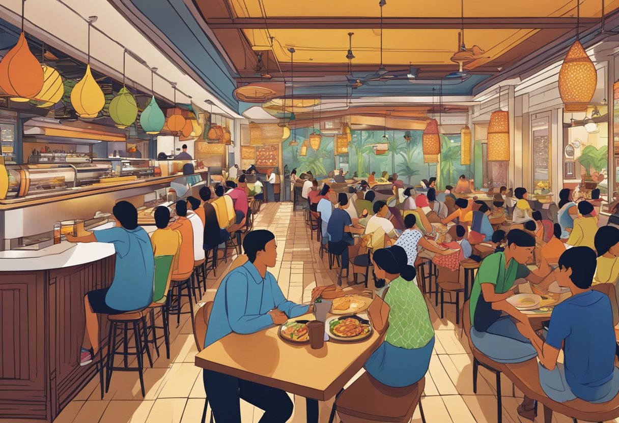 A bustling Nando's restaurant in Singapore, with colorful decor and a line of customers at the counter. Tables are filled with diners enjoying their meals
