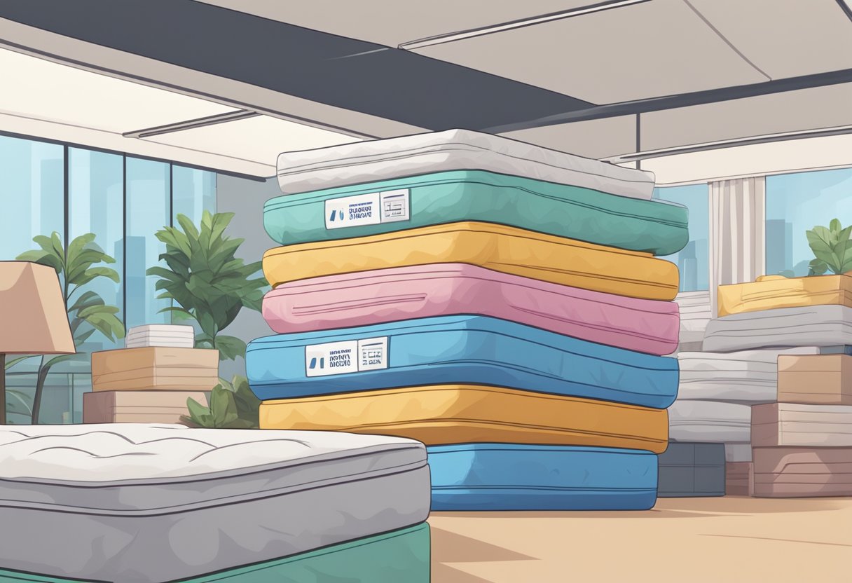 A stack of mattresses with a "Frequently Asked Questions" sign in a busy Singaporean showroom