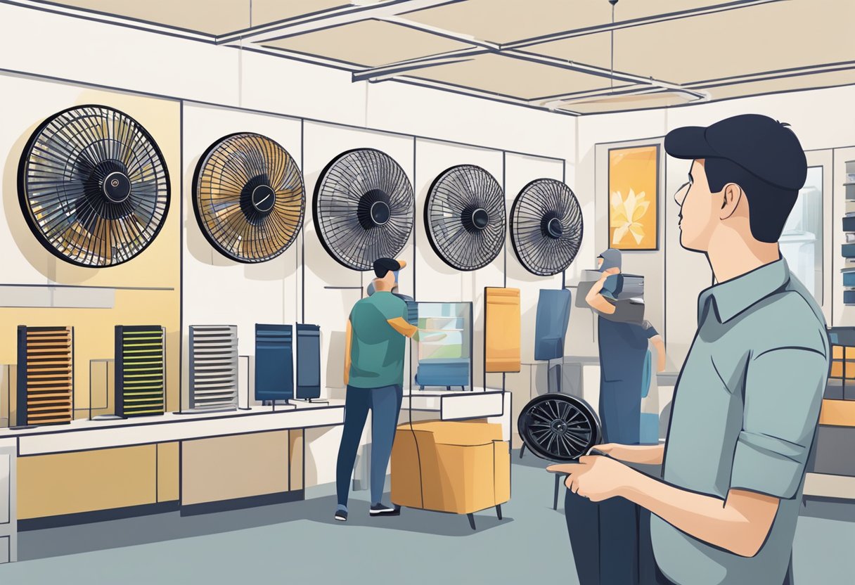 A person choosing a wall fan from a variety of options displayed in a well-lit and spacious showroom