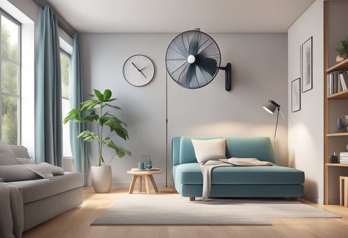 A sleek wall fan rotates quietly, circulating cool air in a cozy room, promoting comfort and health
