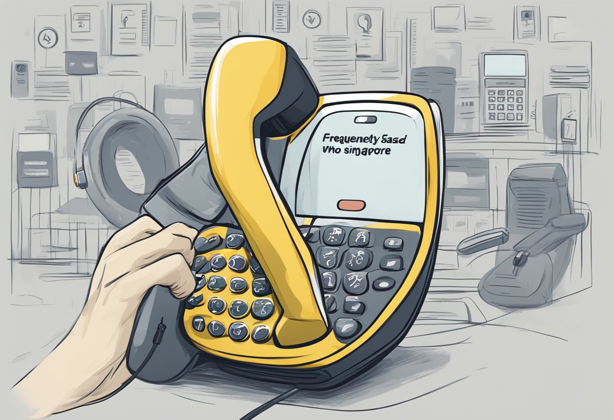 A ringing phone with "Frequently Asked Questions who called me in Singapore" displayed on the screen