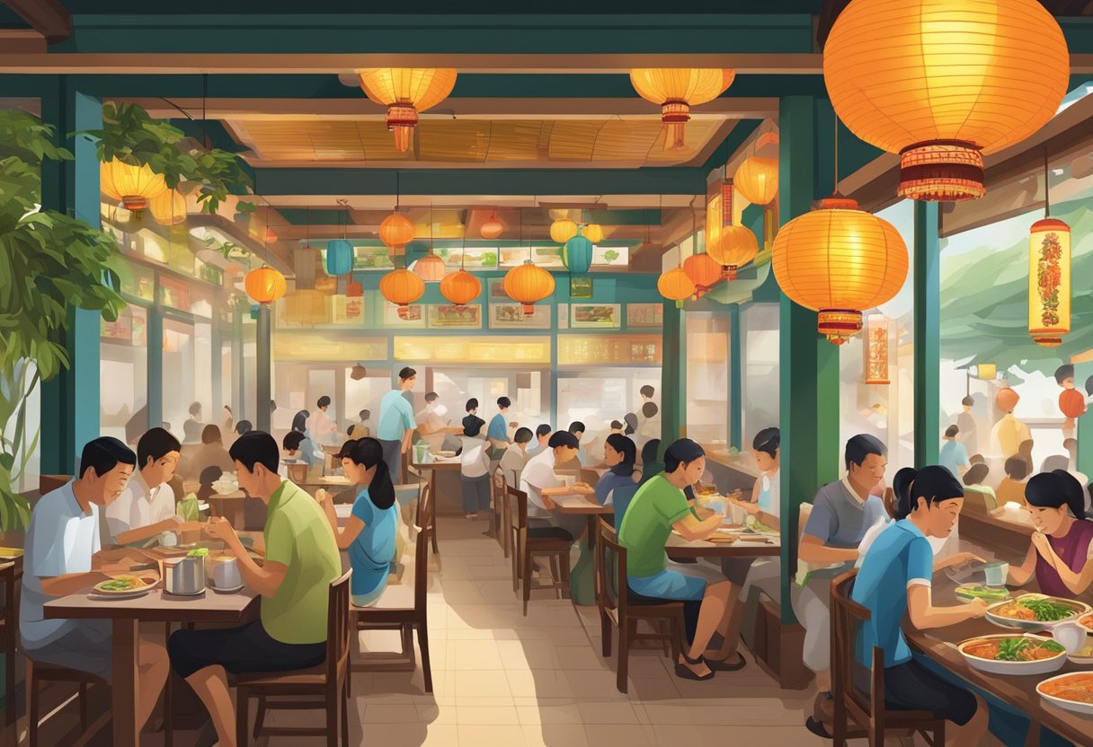 A bustling Vietnamese restaurant in Singapore, with steaming bowls of pho, sizzling banh mi, and colorful lanterns adorning the walls