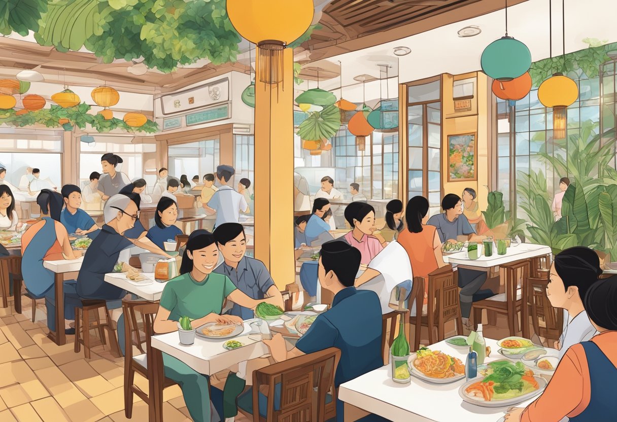 A bustling Vietnamese restaurant in Singapore, with colorful decor and a busy staff serving delicious dishes to a diverse group of customers