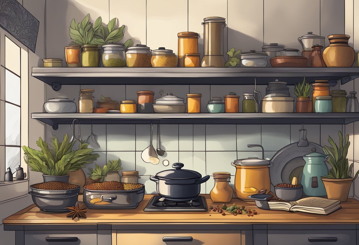 A small, dimly lit kitchen with shelves of exotic spices and a worn recipe book open on the counter. A steaming pot bubbles on the stove, filling the room with fragrant aromas