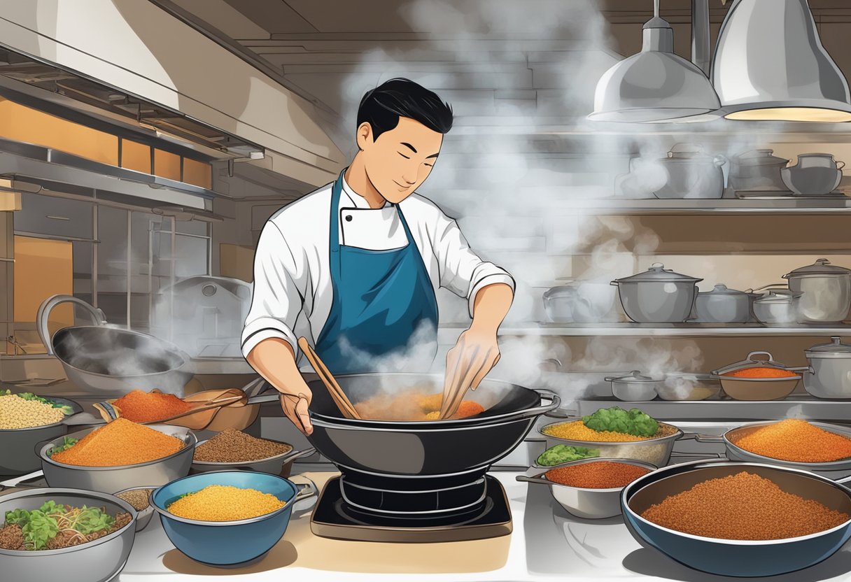 A steaming wok sizzles with fragrant spices, as a chef in a bustling kitchen carefully adds a mysterious blend of ingredients to a bubbling pot