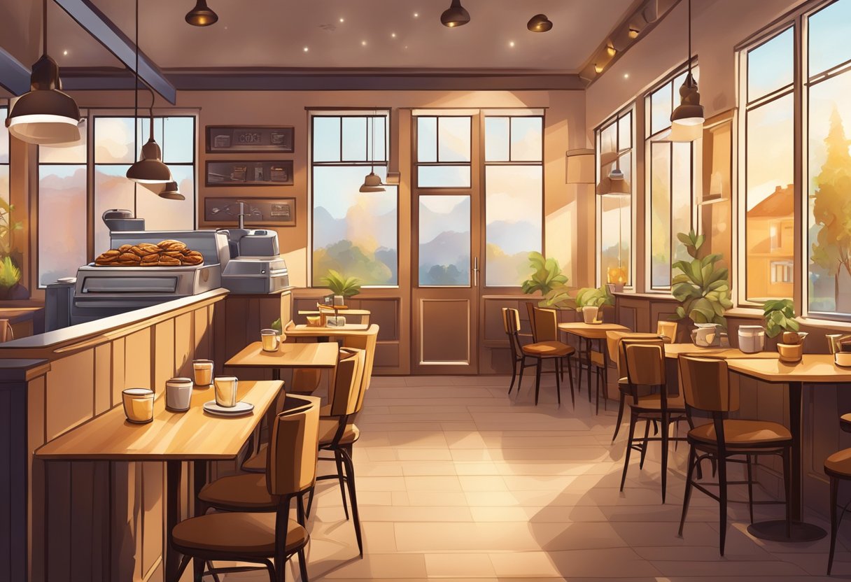 A cozy cafe with warm lighting, filled with the aroma of freshly baked pastries and the sound of coffee machines humming
