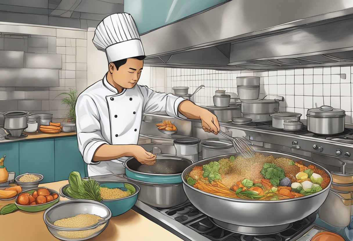 A chef's hand stirs a pot of secret ingredients in a bustling Singapore kitchen