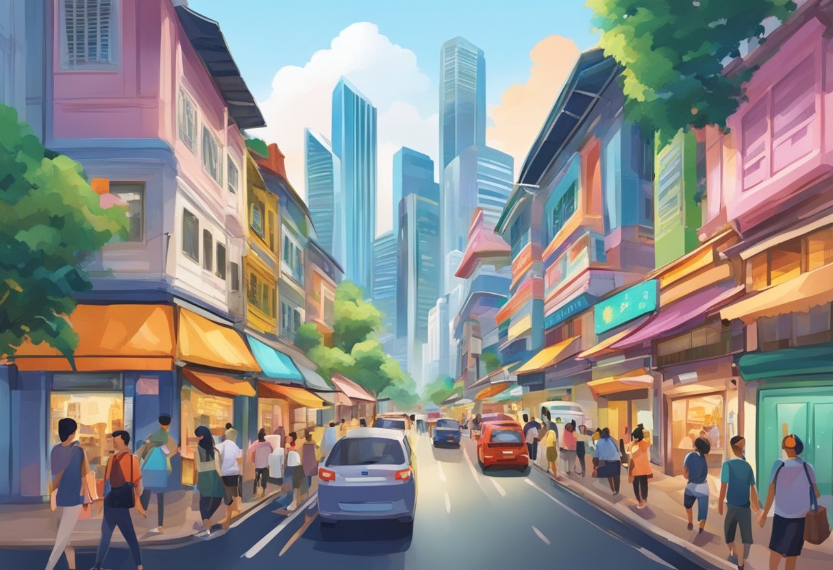 A bustling street in Singapore with colorful shopfronts and vibrant signs. Tall buildings tower overhead, and the air is filled with the sounds of chatter and traffic
