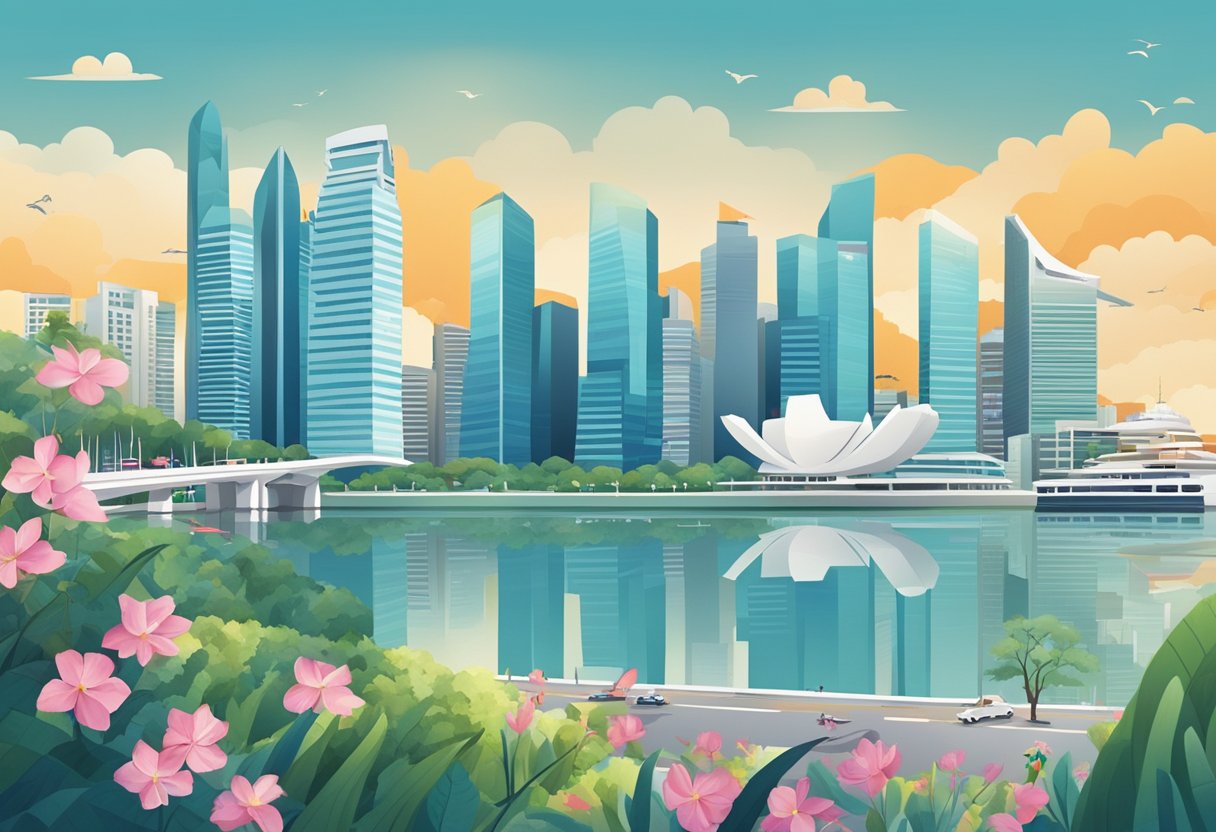 A modern cityscape with iconic Singapore landmarks and a bustling urban environment