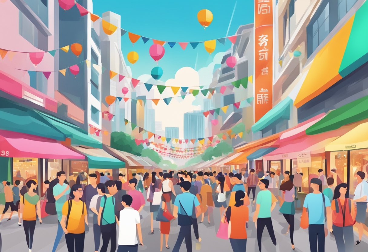 Crowded streets with colorful banners, bustling shops, and excited shoppers during the Singapore sale