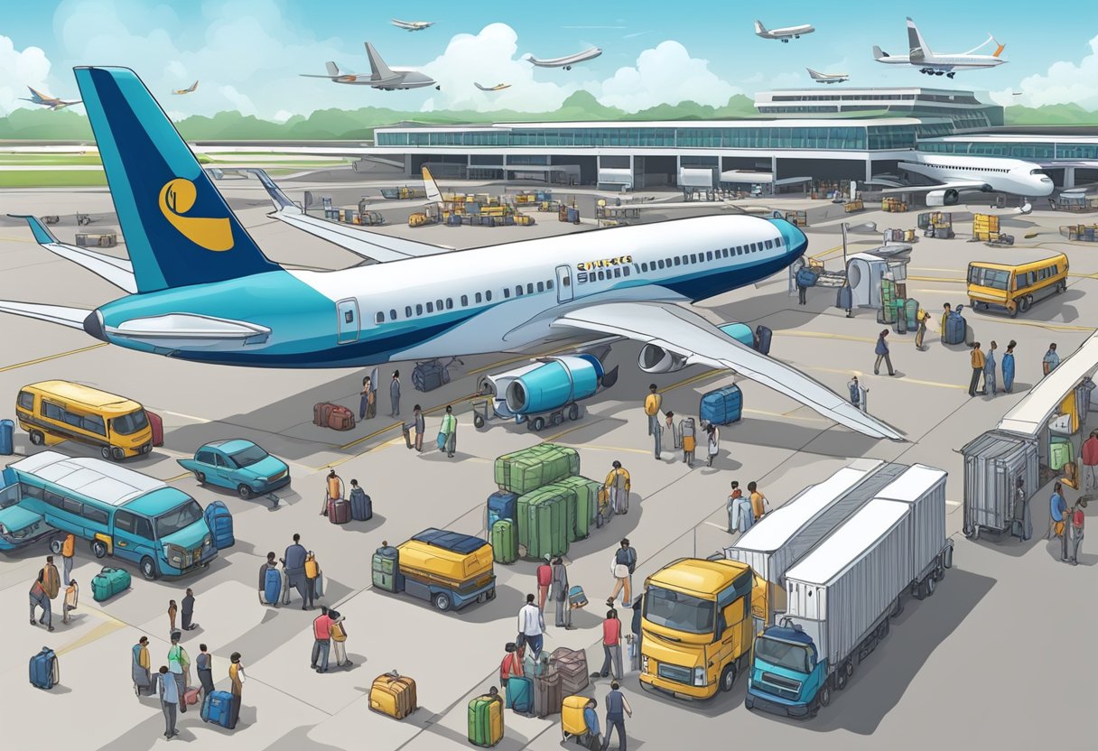 A bustling airport with planes on the tarmac, passengers boarding, and luggage being loaded onto the aircraft for a flight from Singapore to Trichy