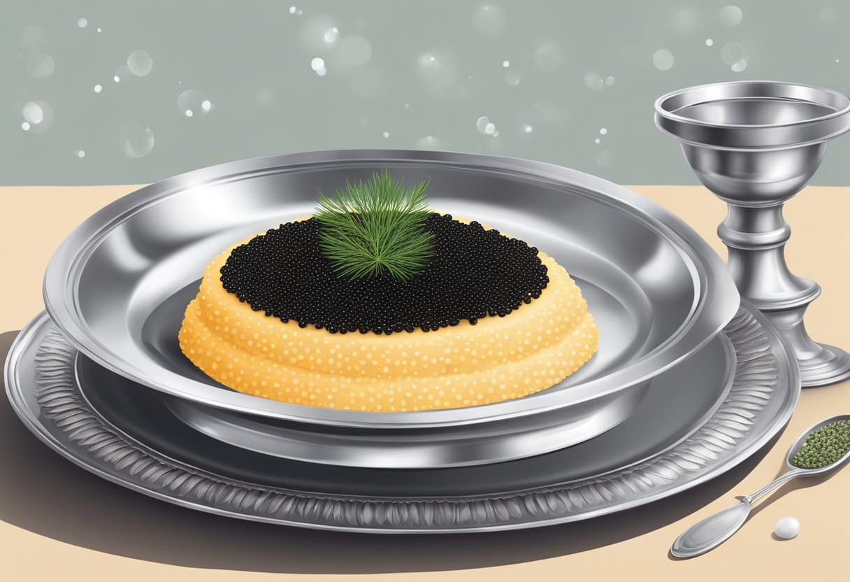 A silver platter holds a mound of glistening black caviar, surrounded by delicate crackers and a sprig of fresh dill