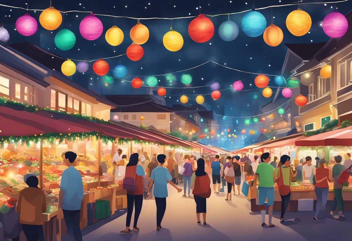 A bustling Christmas market in Singapore with colorful lights, festive decorations, and people enjoying traditional food and entertainment