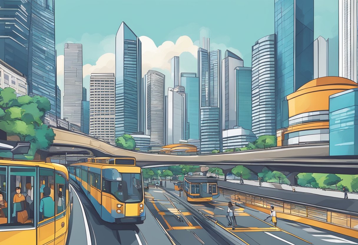 Singapore's skyline dominated by modern skyscrapers, with bustling streets and efficient public transport system. The city is a hub for global business, with a mix of traditional and innovative industries thriving