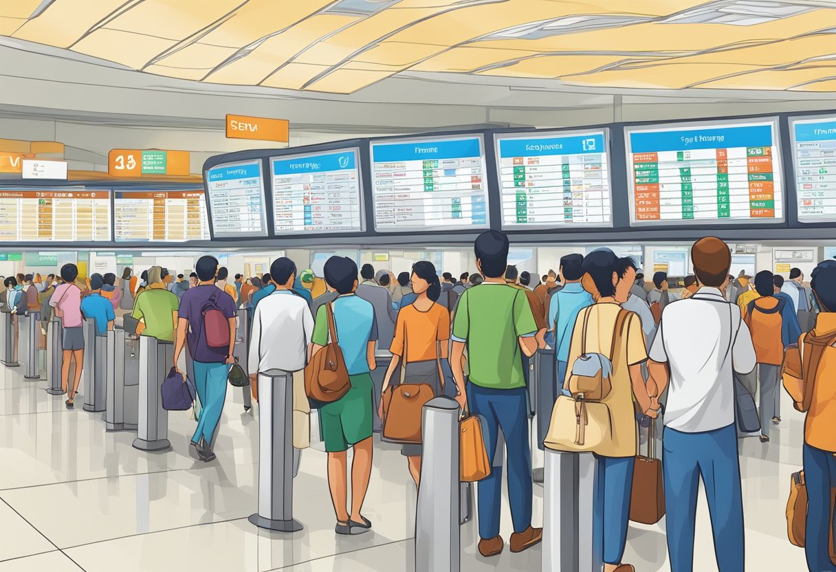 Passengers at Singapore airport comparing flight options to Trichy, looking at departure boards and ticket counters