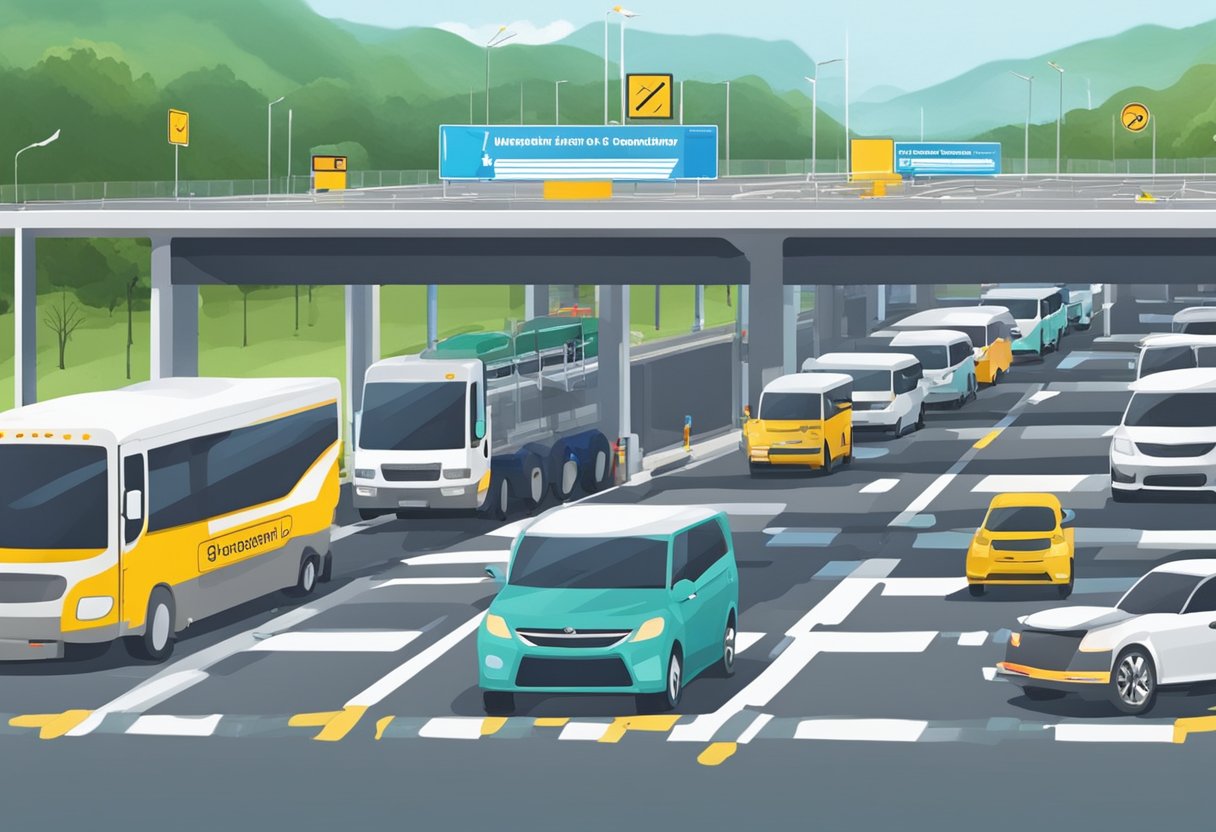 A bustling border checkpoint between Singapore and Malaysia, with vehicles lined up for the Vaccinated Travel Lane (VTL) program