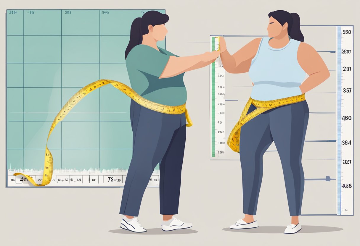A person measuring a tape around a waist with a BMI chart in the background