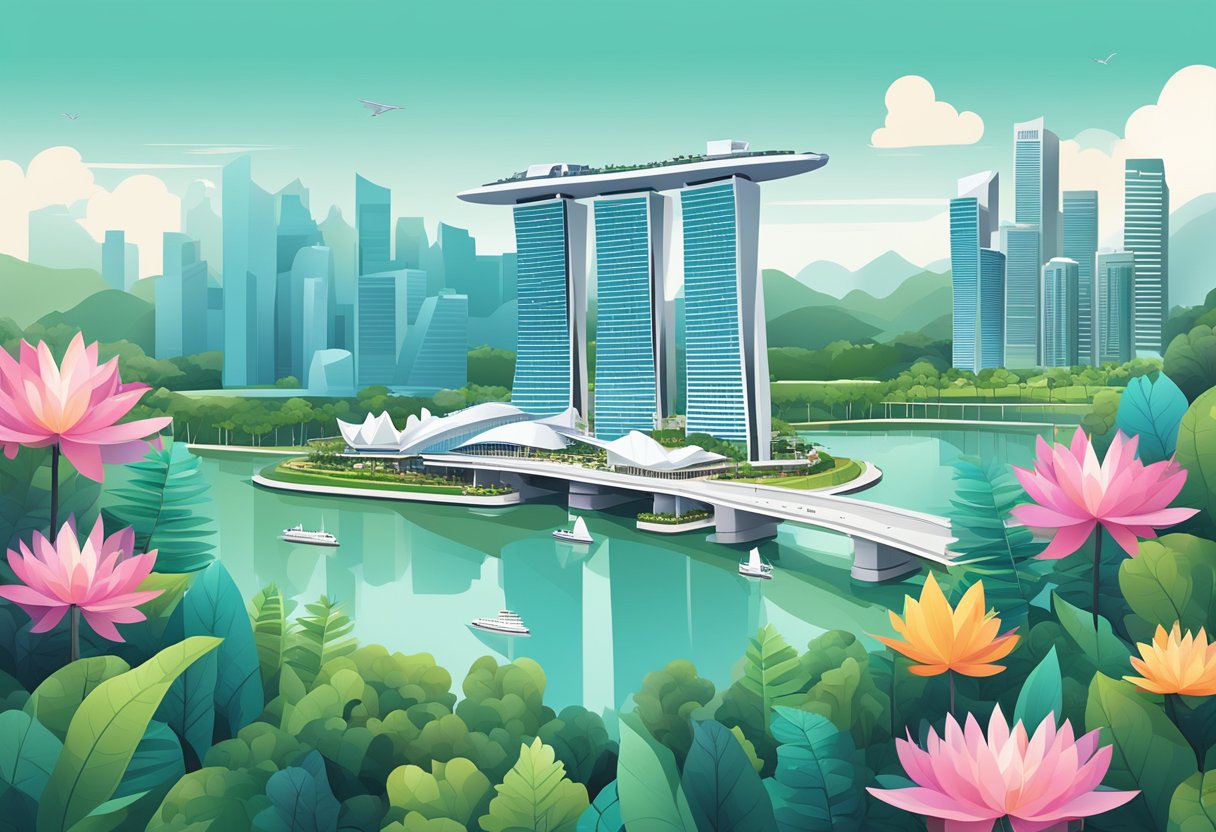 A bustling cityscape with iconic landmarks like the Marina Bay Sands and the Singapore Flyer, surrounded by lush greenery and modern architecture